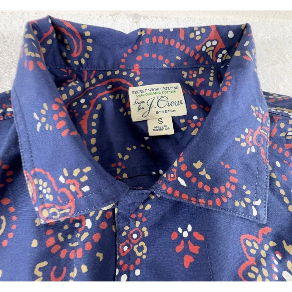 J Crew Button Up Shirt Men's‎ S Blue Paisley Short Sleeve Cotton Organic
